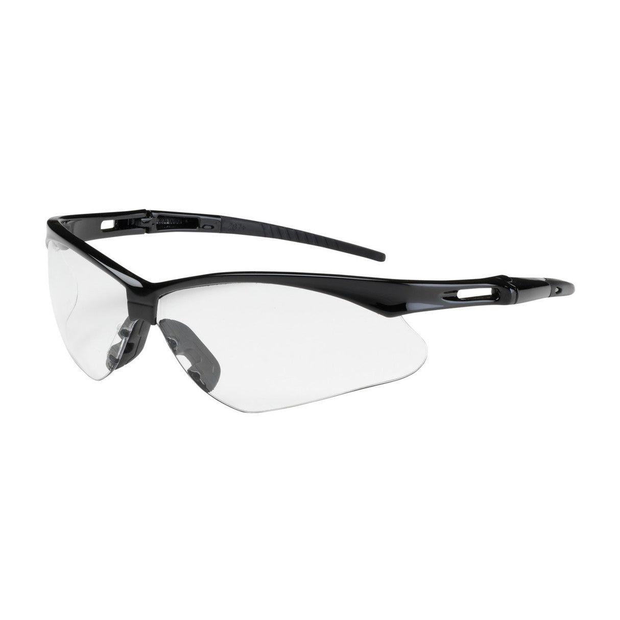 The PIP Anser Safety Glasses feature a sleek, wraparound black frame with anti-fog coating, adjustable nose pads, and side arms for secure eye protection, making them ideal for any task.