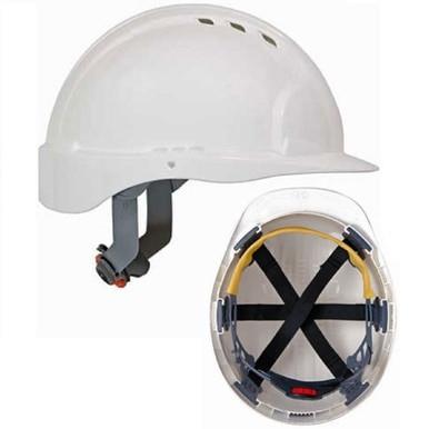 The PIP JSP Evolution Deluxe Hard Hat in white showcases an interior with adjustable straps and a headband for optimal head protection. The exterior design features ventilation holes and a ridged structure, ensuring enhanced comfort and safety.