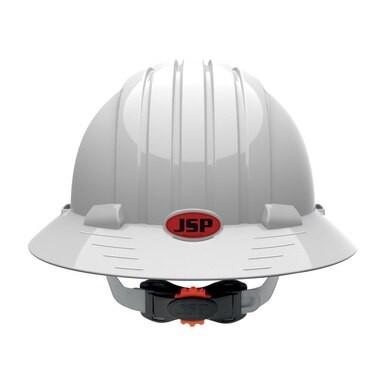 The PIP JSP Evolution Full Brim Deluxe Hard Hat is a glossy white safety helmet crafted from high-density polyethylene, showcasing a red oval "JSP" logo. It features a textured brim and an adjustable black strap. With vertical ridges on top and a 6-point suspension system, this hard hat elegantly merges style with superior protection.