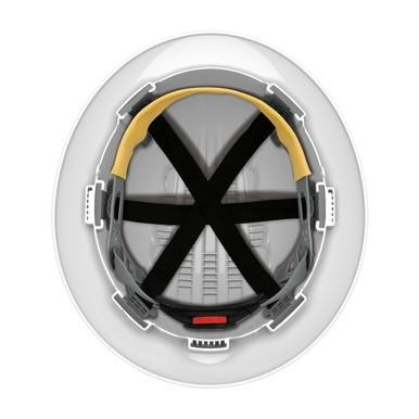 The image displays the interior of a PIP JSP Evolution Full Brim Deluxe Hard Hat, made from high-density polyethylene. It includes a yellow and black adjustable 6-point suspension system with a cross strap design for a secure fit on the head.