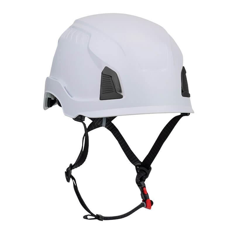 The PIP Traverse Cap Style Non-Vented Helmet by Protective Industrial Products is a white industrial climbing helmet equipped with an adjustable black chin strap. It boasts a sleek, modern design and includes black ventilation slits on each side. ANSI Certified for impact protection, this helmet is perfect for construction or industrial use.