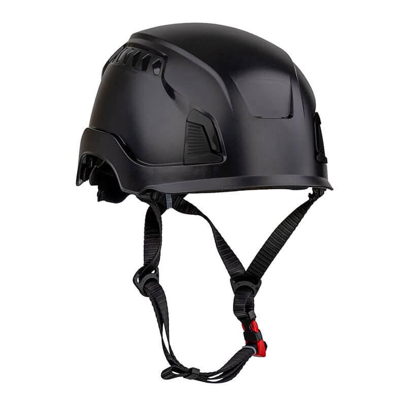 The PIP Traverse Cap Style Non-Vented Helmet by Protective Industrial Products is a black industrial climbing helmet, displayed in a side view. It is ANSI Certified and features an adjustable chin strap, a sleek design with ventilation slits, a matte finish, and impact protection for enhanced safety.