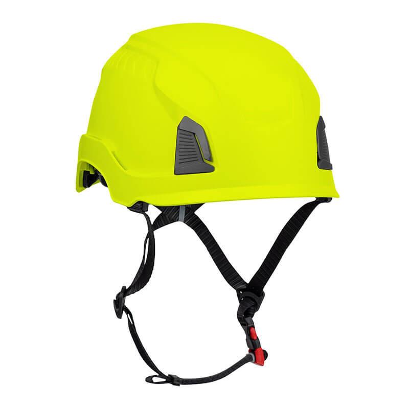 Introducing the PIP Traverse Cap Style Non-Vented Helmet by Protective Industrial Products (PIP): a vibrant yellow safety helmet designed for impact protection. This industrial climbing helmet includes two black vents, black straps, and a red adjustable buckle for securing under the chin. It is ANSI certified and suitable for construction or industrial use, appearing brand new.