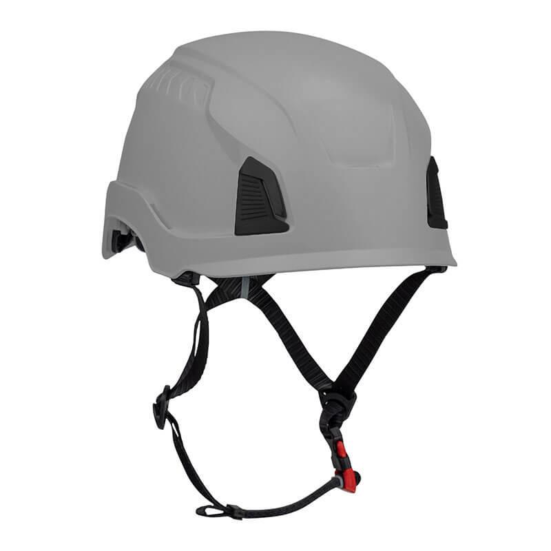 Introducing the PIP Traverse Cap Style Non-Vented Helmet from PIP - Protective Industrial Products. This gray helmet is tailored for head protection in construction or industrial settings and features a black adjustable chin strap with a red buckle. Showcasing a sleek, modern design, it guarantees superior impact protection and complies with ANSI certification standards.