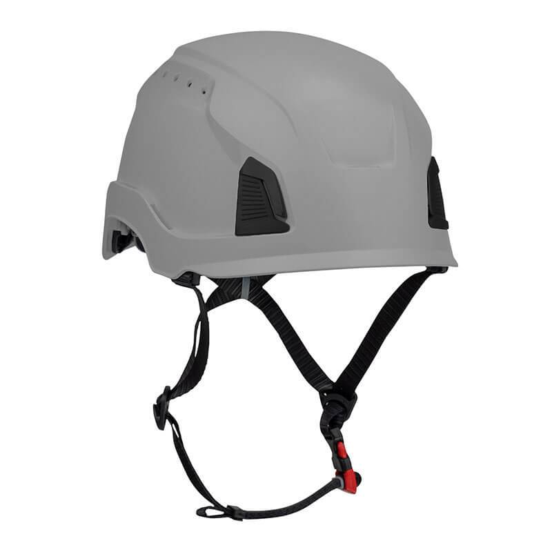 The PIP Traverse Cap Style Vented Helmet by Protective Industrial Products is a gray safety helmet featuring black ventilation panels and an adjustable chin strap with a distinctive red fastener. Designed for impact protection, this ANSI-certified helmet is ideal for construction or industrial environments.