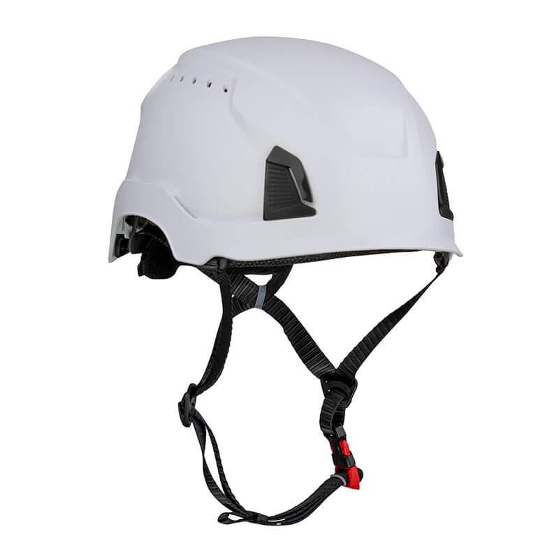 The PIP Traverse Cap Style Vented Helmet by Protective Industrial Products is a white climbing helmet featuring adjustable black straps and a red buckle. It is designed to provide impact protection in construction or industrial environments and is ANSI certified. The helmet also includes ventilation holes and black padding accents for added comfort.