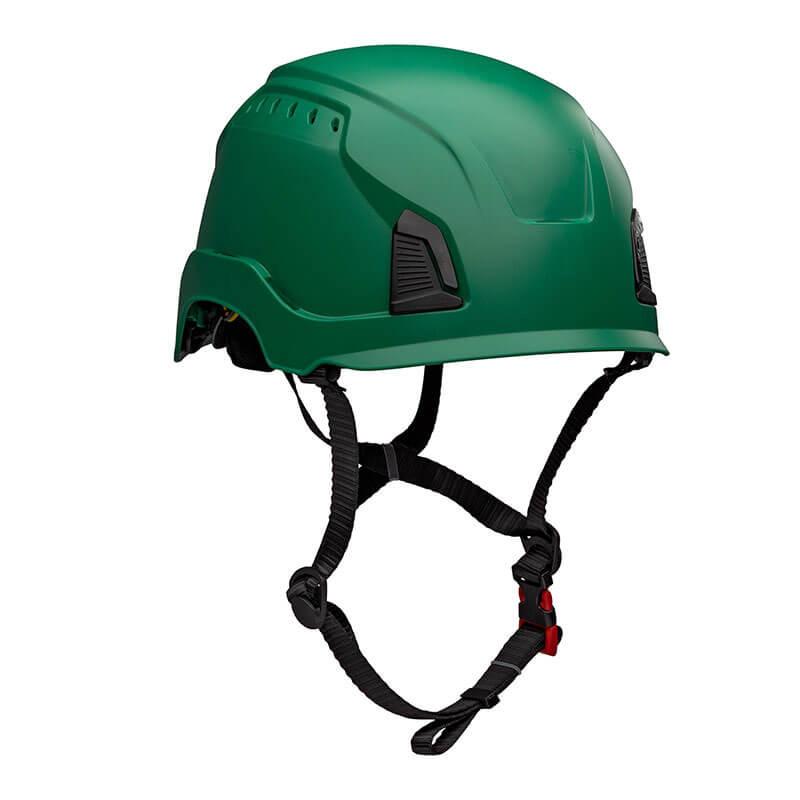 The PIP Traverse Cap Style Vented Helmet from Protective Industrial Products provides exceptional head safety with its impact protection, black adjustable straps, and red buckle. This green industrial climbing helmet features ventilation slots and a smooth, rounded surface, meeting ANSI certification standards to ensure top-notch security in various situations.
