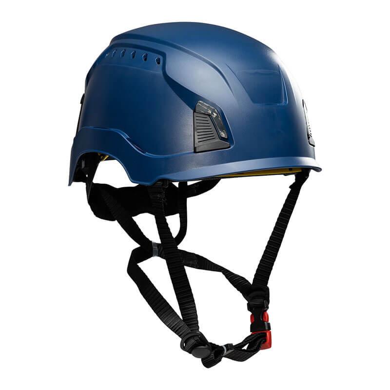 The PIP Traverse Cap Style Vented Helmet by Protective Industrial Products is a blue industrial climbing helmet tailored for construction use. It features black adjustable straps, a red buckle, and is ANSI certified. The helmet includes ventilation holes and a streamlined design to enhance comfort and impact protection.
