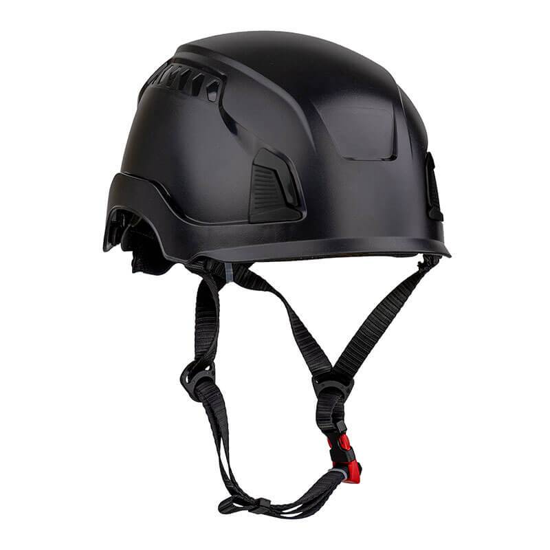 The PIP Traverse Industrial Climbing Non-Vented Helmet w/Mips 280-HP1491RM by PIP is shown in black with a smooth finish, ventilation slots, and adjustable black straps with a red buckle from a side angle on a white background.