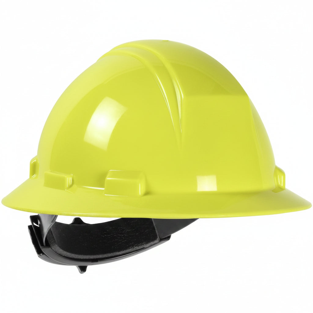 The PIP Kilimanjaro Type II Full Brim Hard Hat 280-HP642R, from Protective Industrial Products, features a vibrant yellow HDPE shell with a wide brim and an adjustable black chin strap, set against a plain white background. Its smooth and glossy surface reflects light beautifully, while the textile suspension provides comfort and security through the wheel ratchet adjustment for a snug fit.