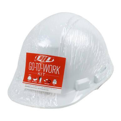 The PIP Go-To-Work Kit with Cap Style Hard Hat 289-GTW-HP241 includes a white hard hat wrapped in plastic, featuring PPE icons and safety eyewear, making it essential for construction workers.