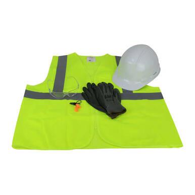 The PIP Go-To-Work Kit (289-GTW-HP241) includes a yellow reflective vest, white hard hat, black gloves, safety eyewear, and orange earplugs on a white background, showcasing essential PPE for construction workers.