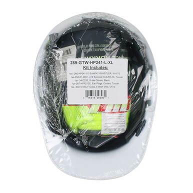 The PIP Go-To-Work Kit with Cap Style Hard Hat, model 289-GTW-HP241, includes a helmet, vest, gloves, safety eyewear, ear protection, and dust mask. Packaged in plastic with visible barcode and product details ensures comprehensive on-site safety for construction workers.