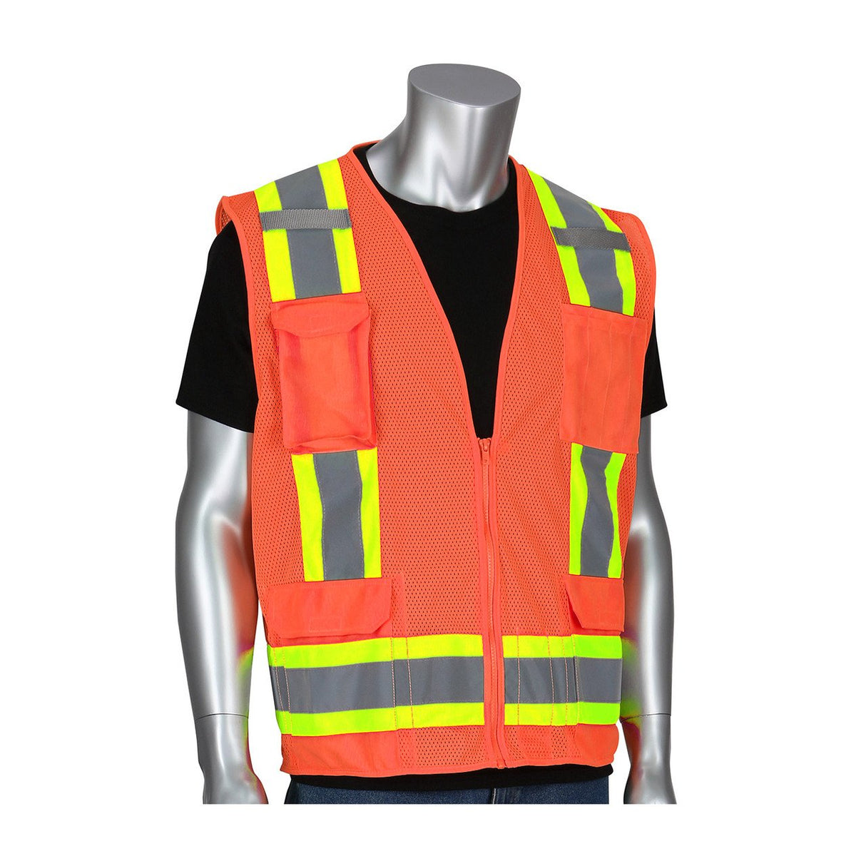 A silver mannequin showcases a PIP ANSI Type R Class 2 Two-Tone Mesh Surveyors Vest by PIP - Protective Industrial Products, featuring bright orange fabric with yellow and gray reflective stripes layered over a black shirt. This essential piece of safety equipment, equipped with multiple pockets, is specifically designed for roadside or construction environments.