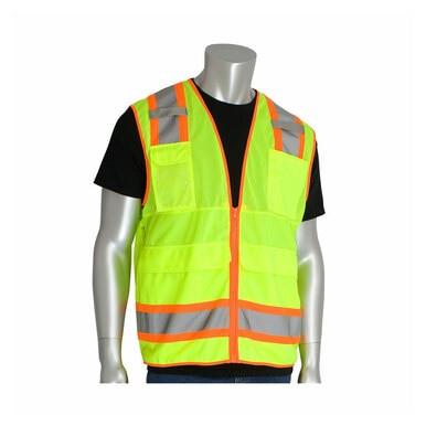 A mannequin is showcasing the PIP Yellow Class 2 Two-Tone Pocket Vest 302-0700-LY, which features fluorescent yellow with reflective orange and gray stripes over a black shirt. This PIP vest complies with ANSI/ISEA 107 Class 2 standards and includes pockets and a zipper front, providing both functionality and safety.