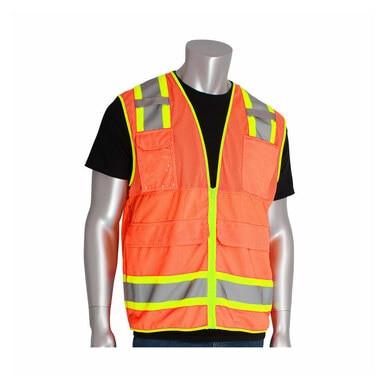 A mannequin wears a black shirt and blue pants under a PIP Hi-Vis Orange Pocket Surveyors Tech Vest 302-0700OR, featuring ANSI/ISEA 107 Class 2 compliance with yellow and silver reflective tape and multiple pockets.