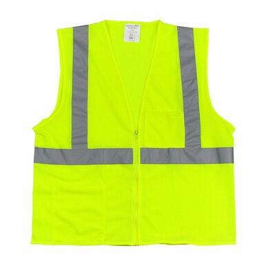 The PIP Type R Class 2 Two Pocket Zipper Mesh Vest 302-0702Z-LY by PIP is a bright yellow traffic safety vest with gray reflective stripes, V-neck, zip closure, and dual pockets—ideal workwear for enhanced visibility.