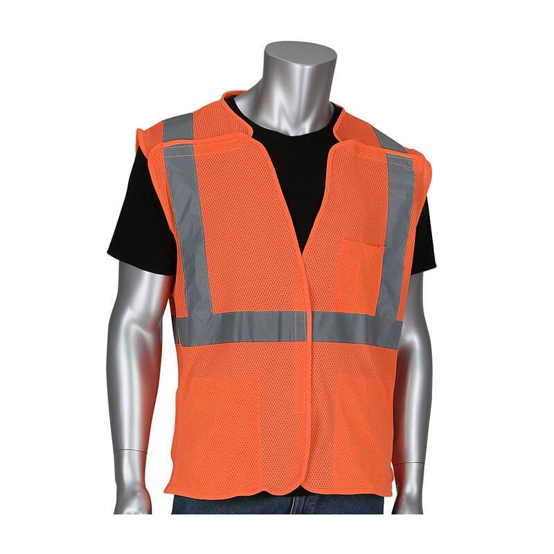 A silver mannequin showcases the ANSI Type R Class 2 Three Pocket Mesh Breakaway Vest by PIP - Protective Industrial Products, which features a vibrant orange color with reflective gray stripes layered over a black shirt. This hi-visibility apparel includes a convenient pocket on the left side and offers easy front access.