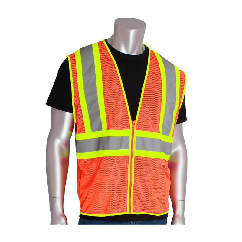 The PIP Two-Tone Value Mesh Vest Orange, a key piece of traffic safety equipment from Protective Industrial Products (PIP), is showcased on a mannequin. This vibrant orange vest features yellow and gray reflective stripes layered over a black shirt, with a zippered front that enhances both functionality and style.