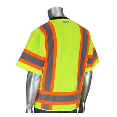 Displayed on a mannequin is the PIP ANSI Type R Class 3 Two-Tone Eleven Pocket Mesh Surveyors Vest by Protective Industrial Products, featuring fluorescent yellow fabric with bright orange and gray reflective stripes, shown from the back. This high visibility vest is a crucial component of traffic safety equipment.