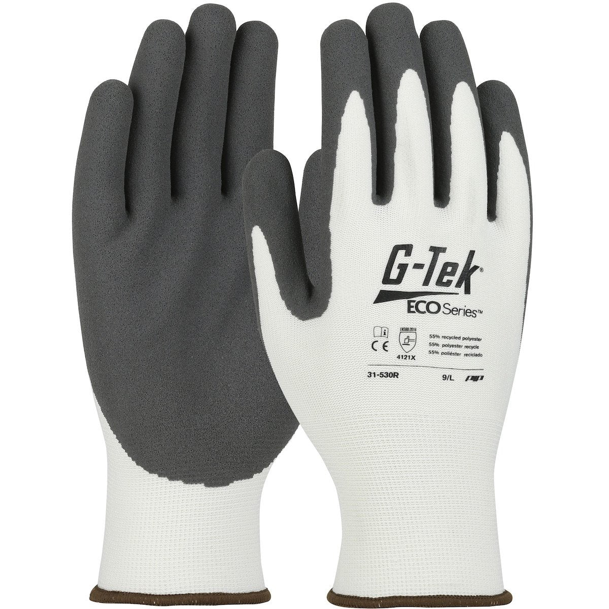 The PIP G-Tek ECO Yarn/Spandex MicroSurface Glove 31-530R, available in a set of 12 pairs, is a sustainable work glove from Protective Industrial Products. Made with recycled yarn, these gloves offer black palms and fingers with nitrile coated grips, against contrasting white backs. They are designed to display product details and safety certifications for enhanced protection.