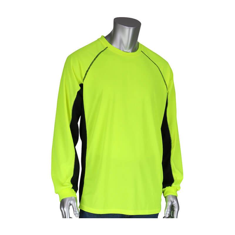 A mannequin showcases the PIP Non-ANSI Long Sleeve T-Shirt in neon yellow, featuring black side panels for a sporty look. Designed by PIP - Protective Industrial Products, this shirt includes a crew neck and raglan sleeves for versatility, and offers 50+ UPF sun protection to keep you safe under intense sunlight.