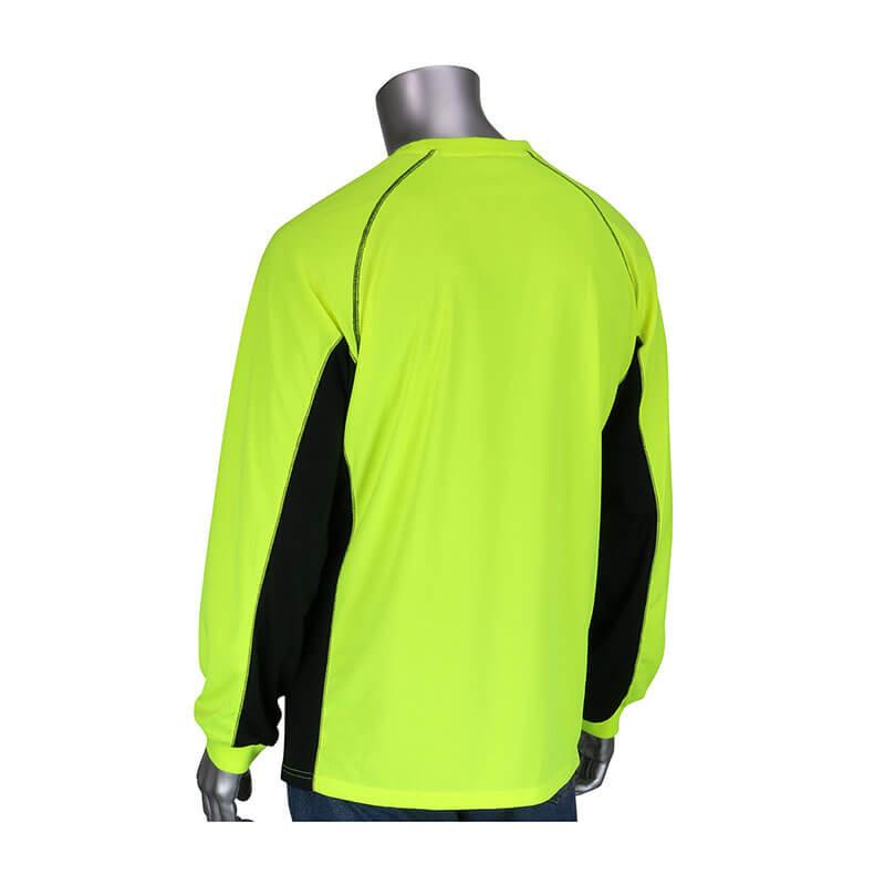 A mannequin models the PIP Non-ANSI Long Sleeve T-Shirt in bright neon green and black, featuring black side panels. This athletic shirt, engineered by Protective Industrial Products (PIP), offers 50+ UPF sun protection and insect repellent qualities. Displayed from the back, it highlights its vibrant design.