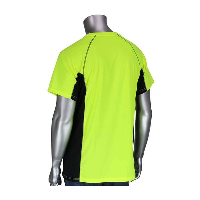 A metallic mannequin displays the PIP Non-ANSI Short Sleeve T-Shirt from Protective Industrial Products, featuring a vibrant green and black color scheme. This sports shirt is crafted from performance wicking material with green panels on the front and back complemented by black sides, making it perfect for active enthusiasts. It includes 50+ UPF protection and insect repellent capabilities. The shirt is set against a white background to enhance its visibility.