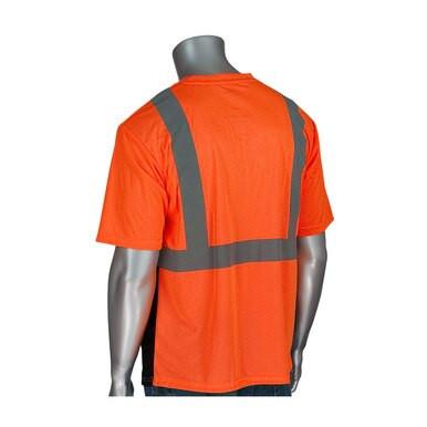 A mannequin showcases the PIP Class 2 UV Black Bottom Crew Neck T-Shirt 312-1250B-OR, made from moisture-wicking polyester. This orange safety shirt, by PIP, has gray reflective "H" pattern stripes on the back and short sleeves for enhanced visibility and comfort.