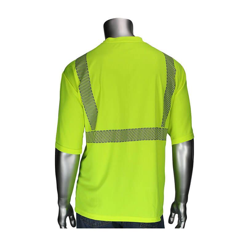 Back view of a silver mannequin wearing the PIP ANSI Type R Class 2 Black Bottom Front Short Sleeve, a bright yellow high-visibility construction t-shirt with black segmented reflective tape, paired with blue jeans.