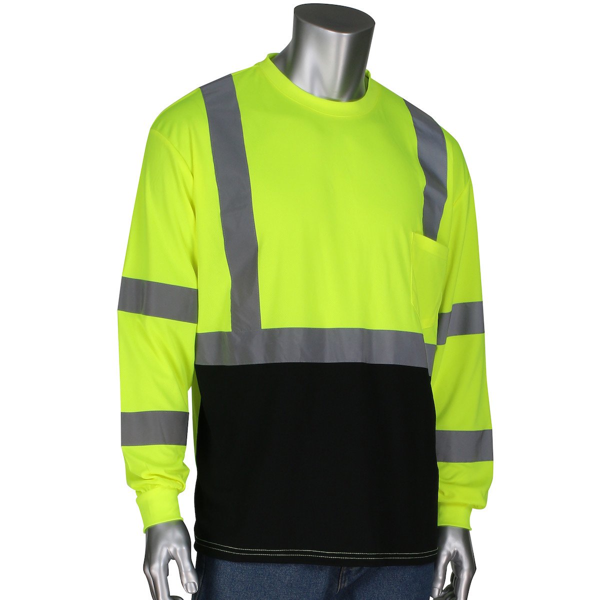 A mannequin showcases the PIP ANSI Type R Class 3 Black Bottom Long Sleeve with 50+ UPF by Protective Industrial Products, a safety shirt featuring high visibility in bright yellow. The shirt includes reflective gray stripes on the chest, arms, and shoulders, along with a black section at the bottom.