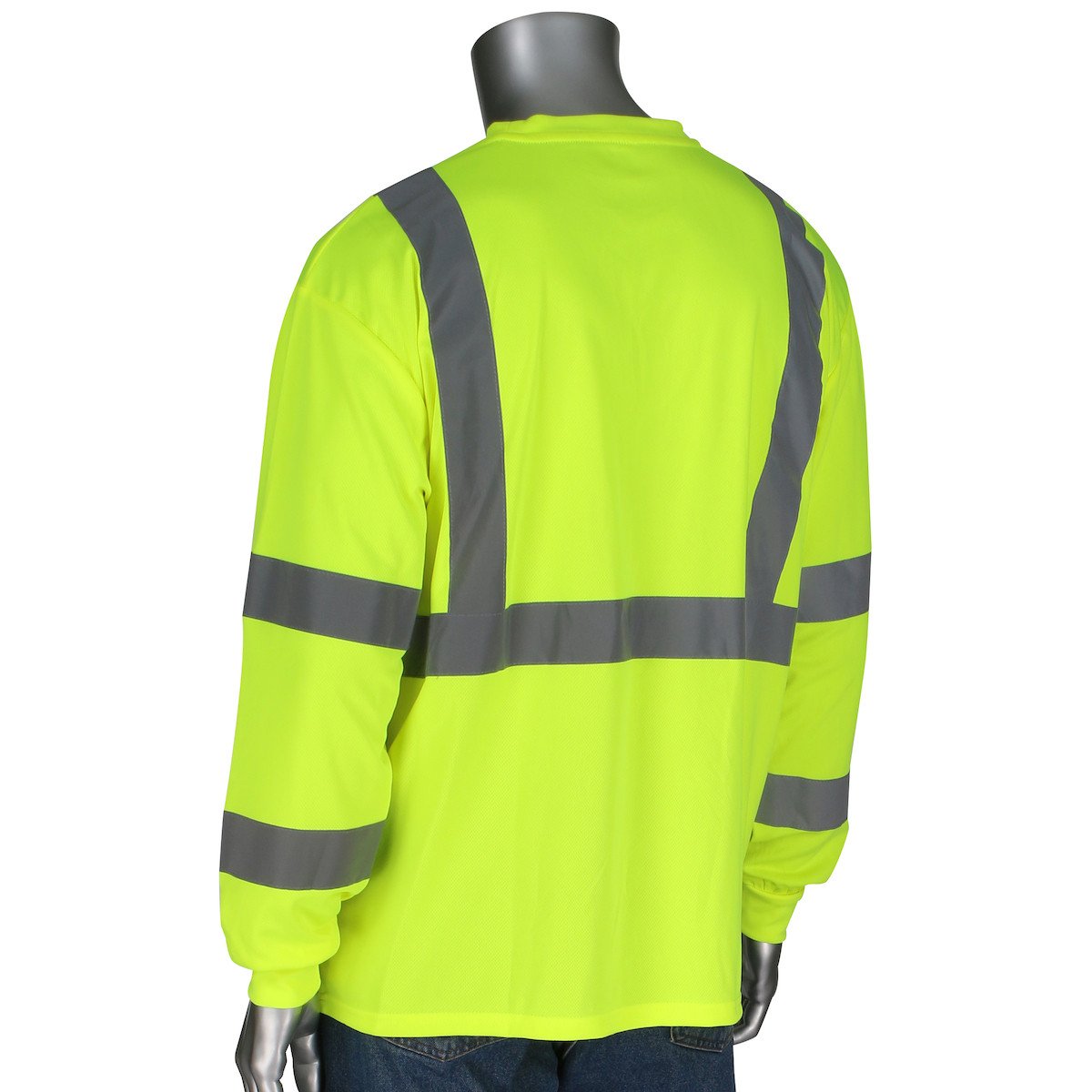 Mannequin showcasing the PIP ANSI Type R Class 3 Black Bottom Long Sleeve w/50+ UPF safety shirt by Protective Industrial Products, featuring a bright fluorescent yellow design complemented by reflective gray stripes on the back, shoulders, and arms, against a plain white backdrop.