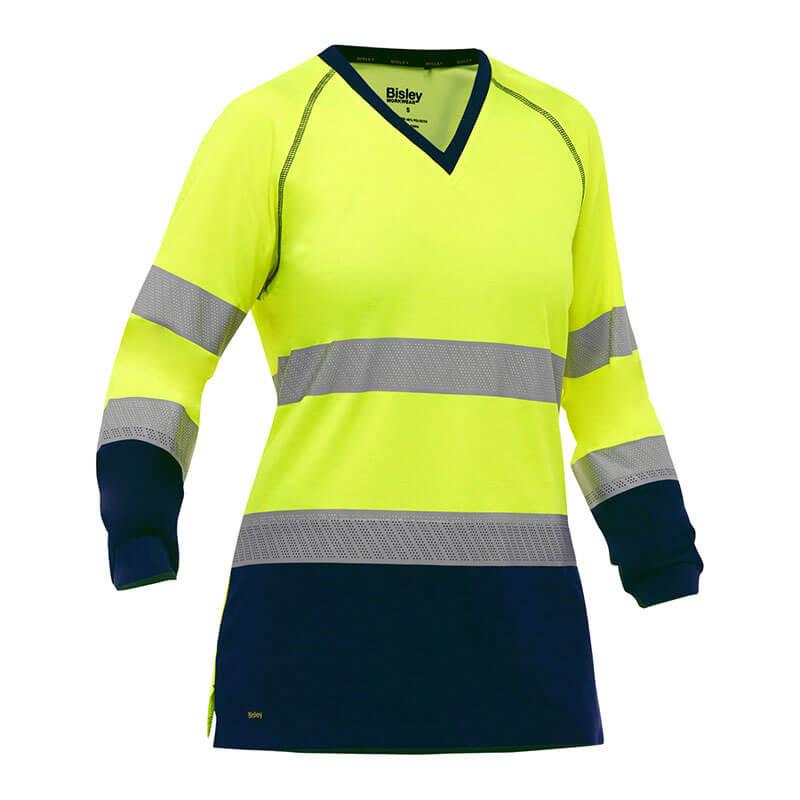 The PIP Bisley Women's Long Sleeve Shirt w/Navy Bottom by Protective Industrial Products showcases a yellow design with dark blue cuffs and hem, enhanced by silver reflective tape on the chest and sleeves.