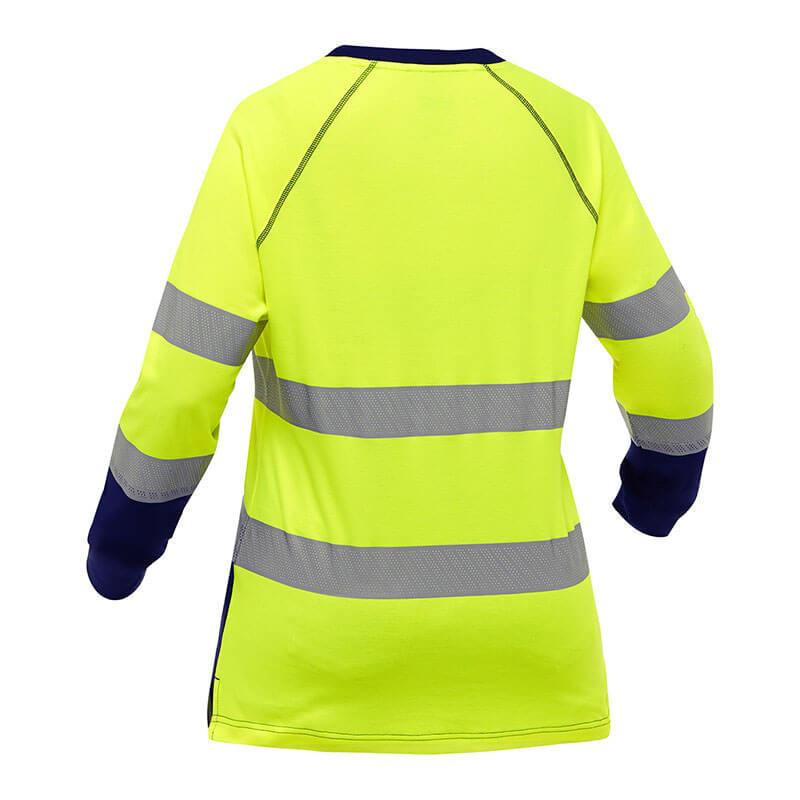 The PIP Bisley Women's Long Sleeve Shirt w/Navy Bottom from PIP - Protective Industrial Products is a bright yellow high-visibility safety shirt with long sleeves, viewed from the back, that features reflective silver bands around the torso and sleeves and dark blue cuffs. This hi-visibility apparel is designed for enhanced visibility in low-light conditions.