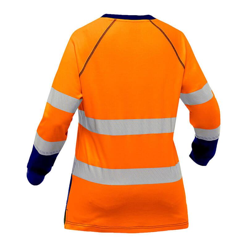 The PIP Bisley Women's Long Sleeve Shirt w/Navy Bottom, from Protective Industrial Products, is a high-visibility orange safety shirt featuring long sleeves and reflective silver tape across the torso and sleeves. This shirt includes antimicrobial treatment and features navy blue accents on the cuffs and neckline, shown from a back view.