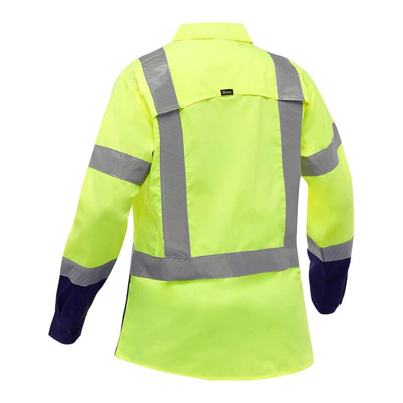 The PIP Bisley Women's Long Sleeve Work Shirt w/X-Airflow by Protective Industrial Products is a vibrant yellow safety jacket featuring reflective silver strips across the back, shoulders, and arms. It includes dark blue cuffs, a collar, and X-Airflow ventilation to ensure both high visibility and comfort for enhanced safety.