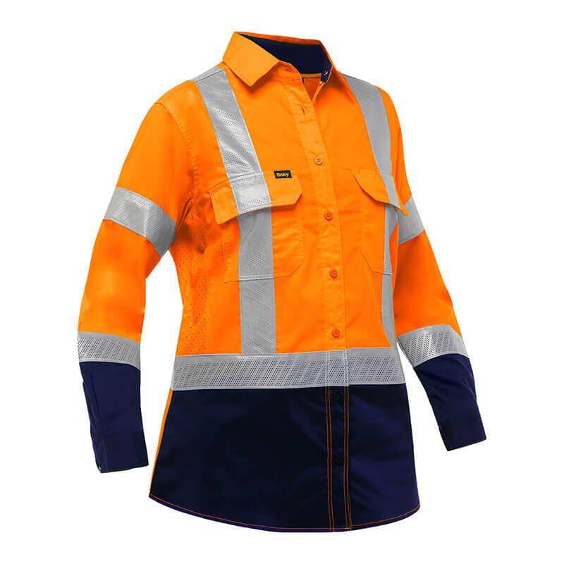 The PIP Bisley Women's Long Sleeve Work Shirt w/X-Airflow by Protective Industrial Products is a Class 2 women's design. It features a bright orange upper half with reflective silver stripes and a dark blue lower section. Enhanced with X-Airflow ventilation, it offers button closures and two chest pockets for both safety and practicality.