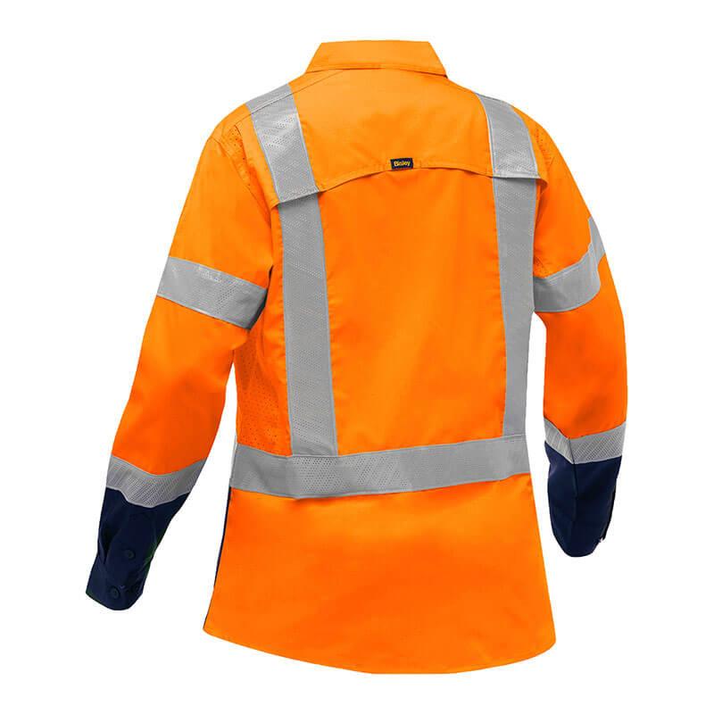 The PIP Bisley Women's Long Sleeve Work Shirt w/X-Airflow, by PIP - Protective Industrial Products, is a bright orange Class 2 hi-vis shirt designed for women. It includes reflective silver strips across the back and down the sleeves, a collar, and contrasting dark blue cuffs. The shirt is further enhanced with X-Airflow ventilation for added comfort.