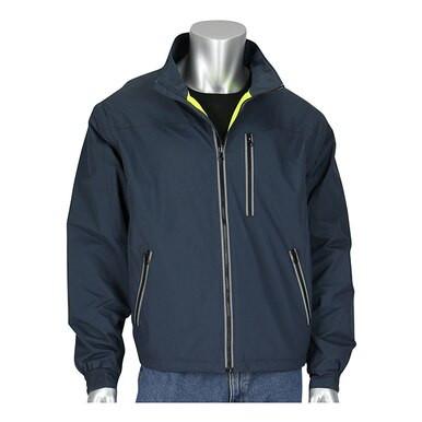 The PIP Black Label 4-in-1 Reversible Windbreaker from PIP - Protective Industrial Products is elegantly displayed on a silver mannequin, highlighting its navy blue side complete with zippered pockets and a high collar. Stylishly layered over a black shirt and combined with blue jeans, this jacket offers both style and function.