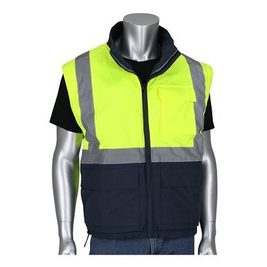 A mannequin displays the PIP Black Label 4-in-1 Reversible Windbreaker, a high-visibility safety vest featuring bright yellow and reflective gray stripes over a black shirt. The windbreaker includes a zip-up front and black lower pockets, meeting Class R3 visibility standards for enhanced safety.
