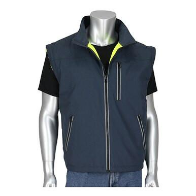 A mannequin is dressed in the PIP Black Label 4-in-1 Reversible Windbreaker by Protective Industrial Products, featuring a sleeveless design in dark blue with a high collar, front zipper, and two side zipper pockets. The windbreaker is layered over a black t-shirt, revealing a hint of yellow fabric on the inside. It stands poised against a plain white backdrop.