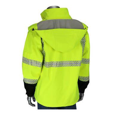 A mannequin displays the PIP Ripstop Softshell Black Bottom Jacket by Protective Industrial Products, a vibrant yellow high-visibility jacket featuring reflective silver stripes on the back. This waterproof design includes a hood and sleek black cuffs, combining safety with style in any weather.