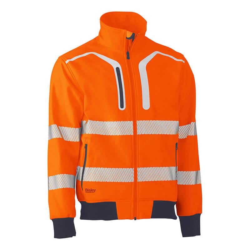 The PIP Bisley ANSI Type R Class 3 Soft Shell Jacket 333M6979T by Protective Industrial Products is a high-visibility jacket in vibrant orange, featuring reflective strips on the chest, sleeves, and waist. It includes a central zipper and two convenient pockets, blending safety with style for optimal functionality.