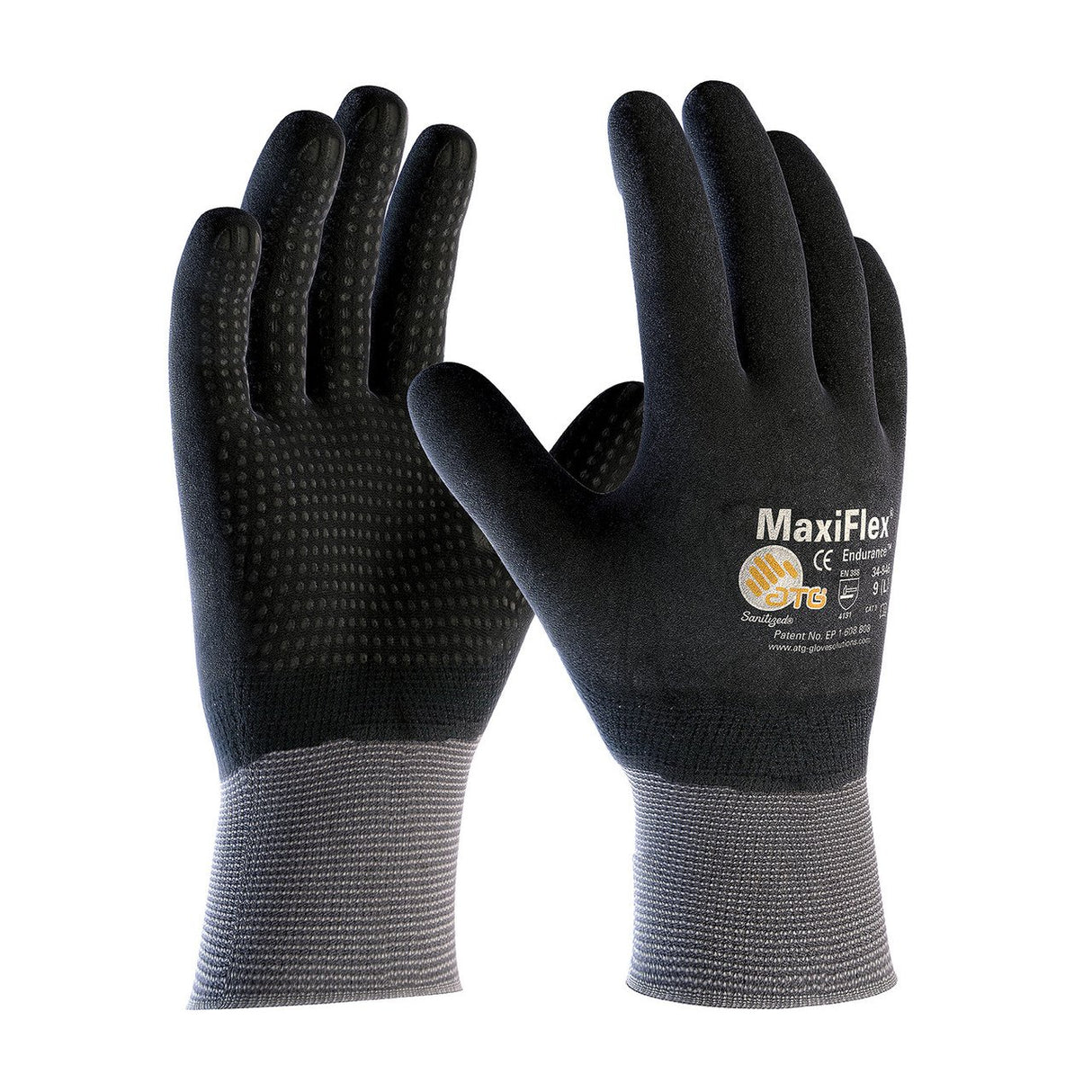 Displayed is a pair of black and gray PIP - Protective Industrial Products ATG Maxiflex Endurance Nitrile Coated Gloves. These gloves feature micro dot palms, are touchscreen compatible, and are presented upright with the branding visible on the back of one glove. The ribbed cuffs ensure a secure fit.