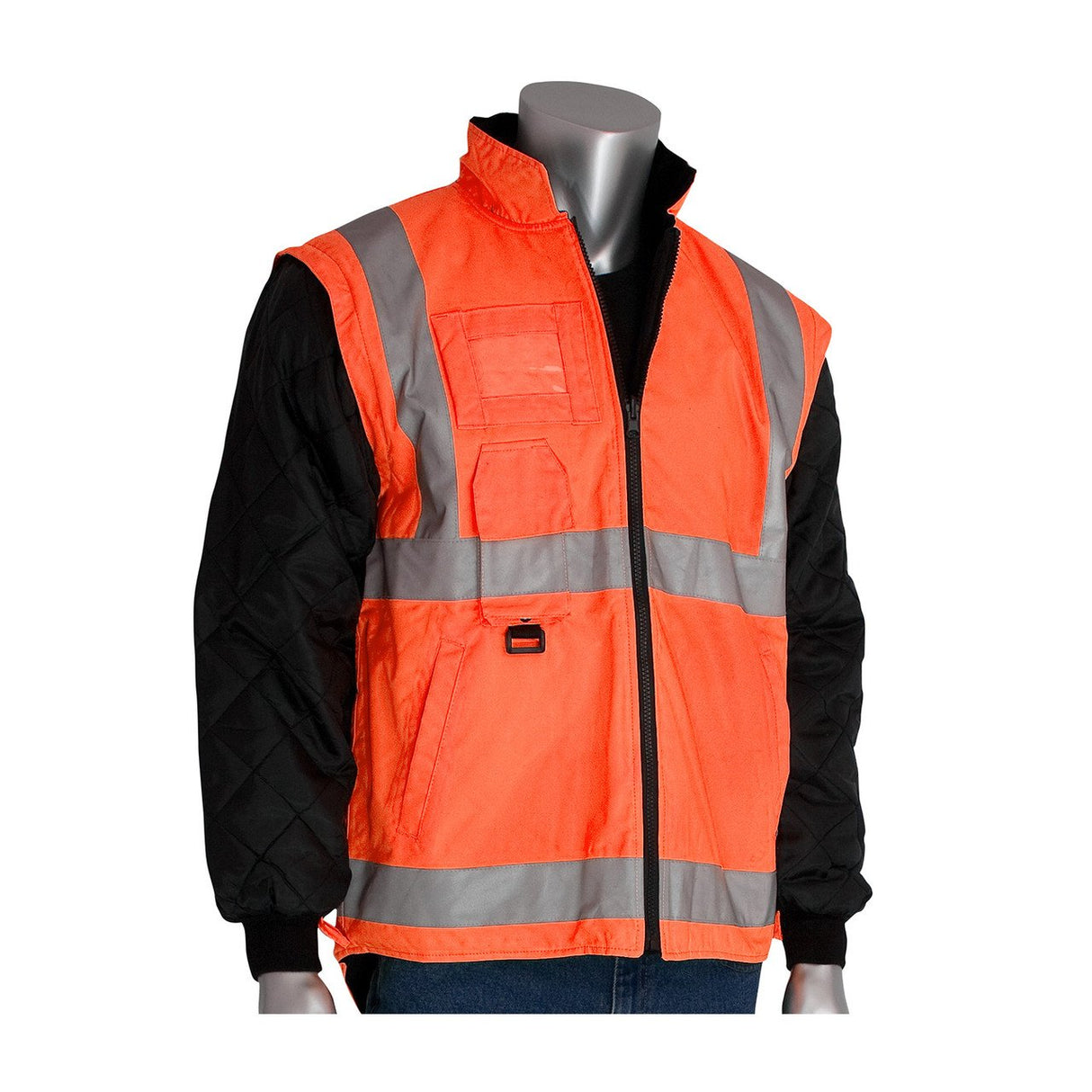 Introducing the PIP - Protective Industrial Products All Conditions Coat, Inner Jacket & Vest Combo 343-1756. This vibrant orange safety jacket is expertly crafted from waterproof polyester and features reflective gray stripes with black quilted sleeves. Designed for optimal high visibility and protection, it includes a front zipper and convenient pockets. The apparel meets ANSI Type R Class 3 standards, ensuring superior safety.