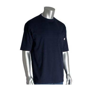 The PIP Navy Blue FR Short Sleeve T-Shirt 385-FRSSNV, showcased on a metallic mannequin, includes a left chest pocket and flame-resistant features for enhanced safety.