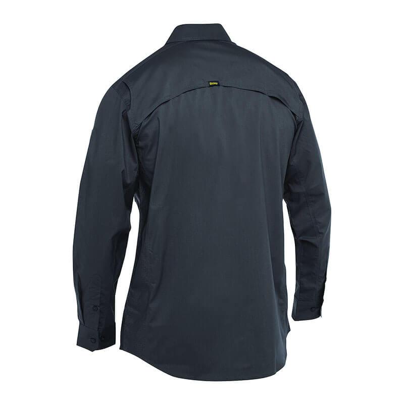 The PIP Bisley Ripstop Work Shirt w/X-Airflow by Protective Industrial Products is displayed from the back, showcasing a yoke design with a small tag at the center and buttoned cuffs. This dark gray long-sleeve shirt, enhanced with X-Airflow Ventilation, combines comfort with a classic and timeless style.