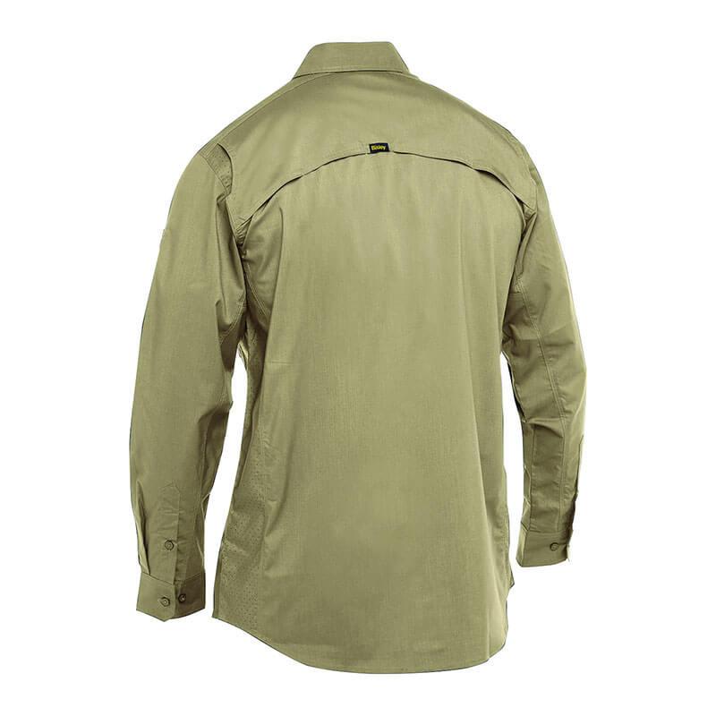 The PIP Bisley Ripstop Work Shirt w/X-Airflow by PIP - Protective Industrial Products is displayed from the back, featuring buttoned cuffs and a yoke with a central black tag. Its X-Airflow Ventilation guarantees breathability, and its UPF 50+ protection ensures safety under the sun.
