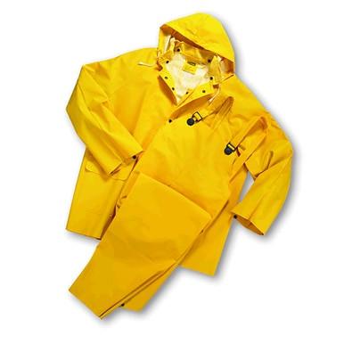 The PIP Base35FR FR 3-Piece Rainsuit, presented on a white background, includes a yellow jacket and pants set with a hood. It is crafted from PVC over polyester, featuring black buttons and adjustable wrist straps. This attire is perfect for industrial plant maintenance workers seeking reliable protection against harsh elements.