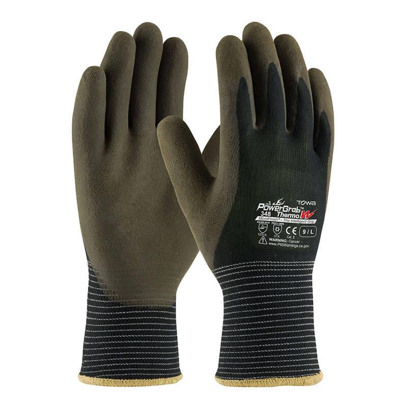 Two PIP gloves, named "GLOVES, PIP BLACK ACRYLIC TERRY SHELL, BROWN MICROFINISH GRI," designed for Cold Weather Protection, feature textured palms for superior grip and a striped cuff design. They are displayed on a white background.